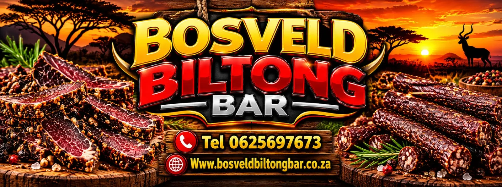 Bosveld Biltong Bar - geel vet biltong and droëwors under a Bosveld sunset