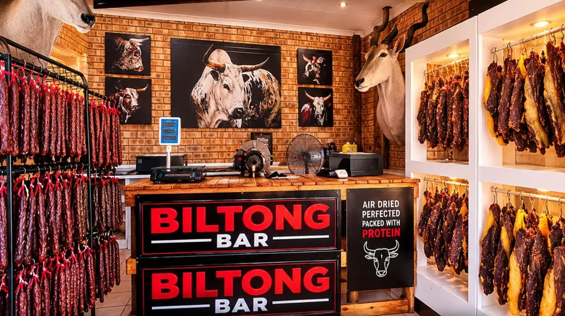 Inside the Biltong Bar: droëwors and geel vet biltong hanging to dry behind the counter